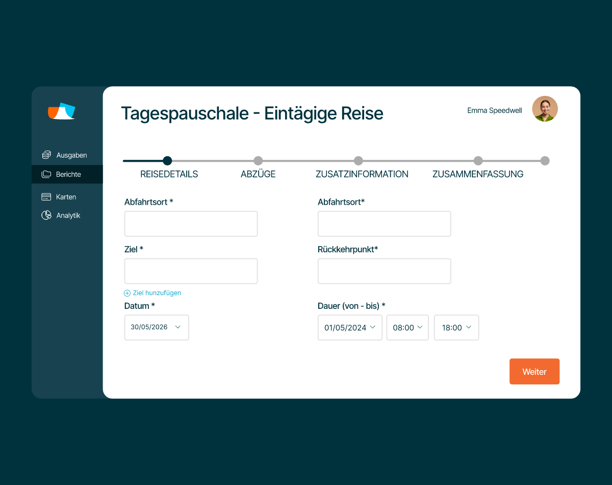 Übersicht der Tagespauschalenberechnung in Mobilexpense