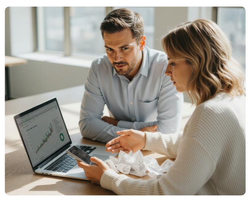 Zwei Mitarbeitende analysieren Ausgaben am Laptop und prüfen Belege – Ausgabenmanagement und Reisekostenabrechnung im Unternehmen