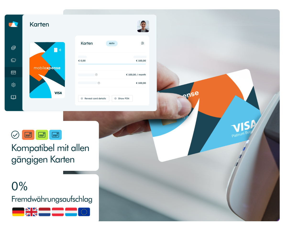 Mobilexpense Firmenkreditkarte wird kontaktlos am Terminal eingesetzt, mit digitalem Karten-Dashboard für internationales Ausgabenmanagement ohne Fremdwährungsaufschlag