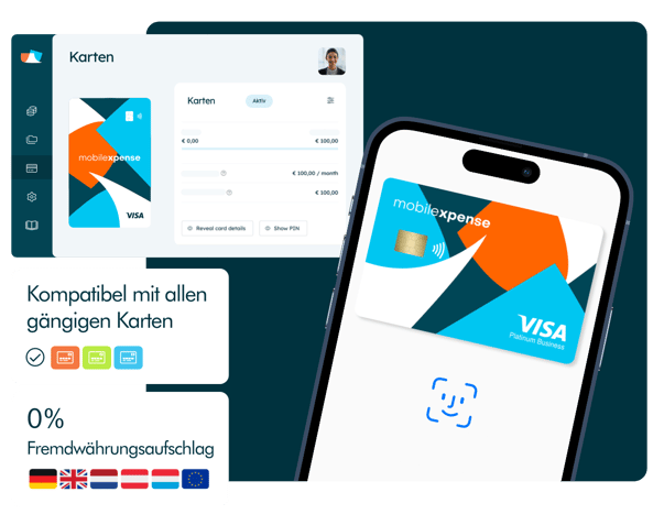 Mobilexpense Firmenkreditkarte auf Smartphone und im Karten-Dashboard, kompatibel mit allen gängigen Karten und ideal für internationale Geschäftsausgaben
