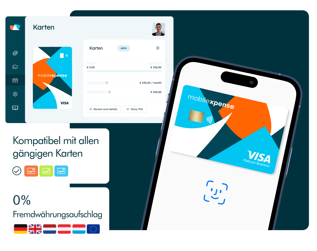 Mobilexpense Firmenkreditkarte auf Smartphone und im Karten-Dashboard, kompatibel mit allen gängigen Karten und ideal für internationale Geschäftsausgaben