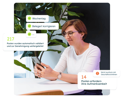 Fachkraft prüft Ausgaben in der Ausgabenmanagement-Software auf dem Smartphone; automatische Validierung von Belegen und auffälligen Posten wird angezeigt.
