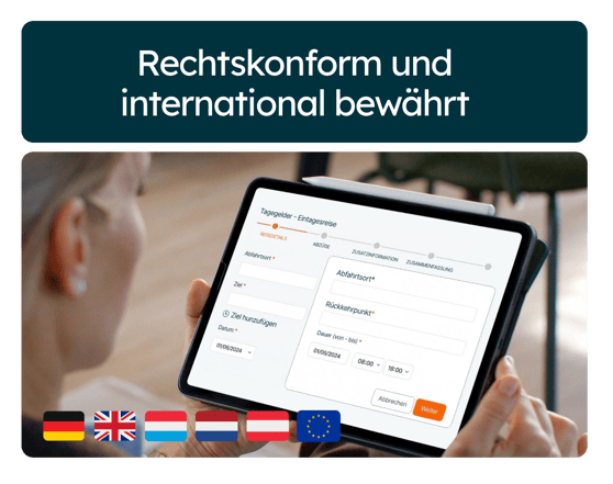 Eine Person nutzt ein Tablet mit der Declaree-App zur digitalen Reisekostenabrechnung; sichtbar ist ein Formular für Tagesgelder. Das Bild vermittelt rechtskonformes, international einsetzbares Ausgabenmanagement.