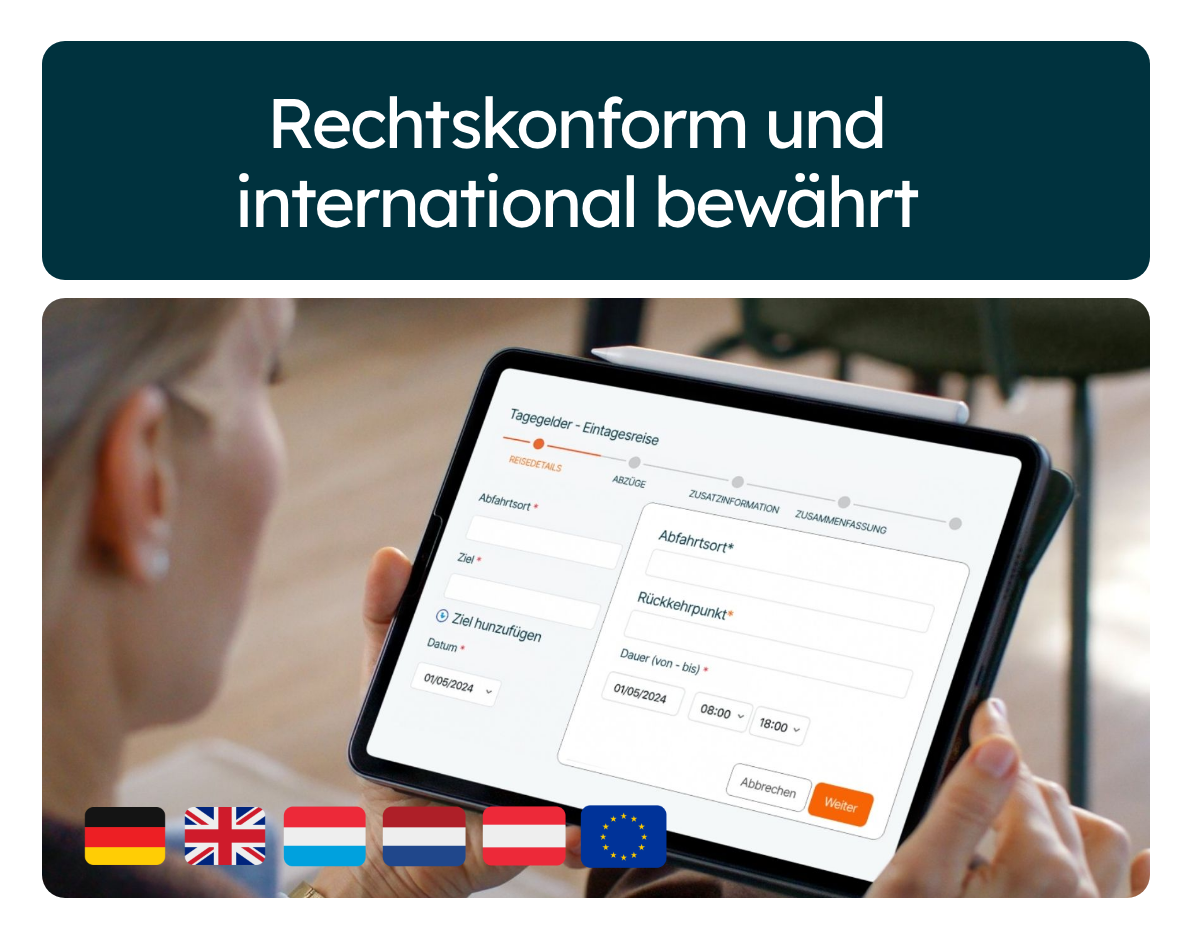 Mitarbeitender erfasst Verpflegungsmehraufwand in einer Ausgabenmanagement-Software auf dem Tablet, mit rechtssicherer Spesenabrechnung für internationale Unternehmen.