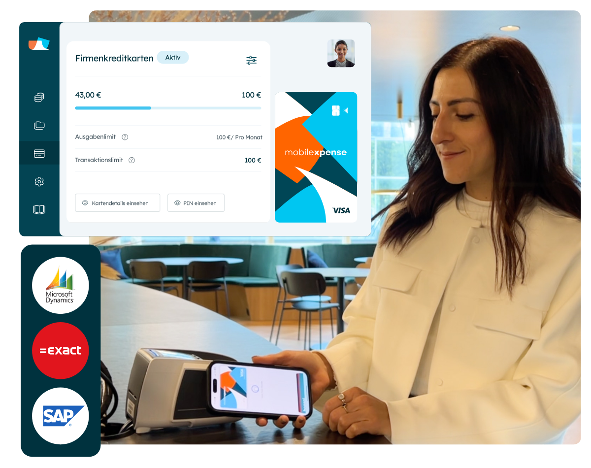 Mobilexpense Firmenkreditkarte mit Echtzeit-Übersicht in der App – smarte Visa Company Card für effizientes Ausgabenmanagement und Integration mit SAP, Exact und Microsoft Dynamics.