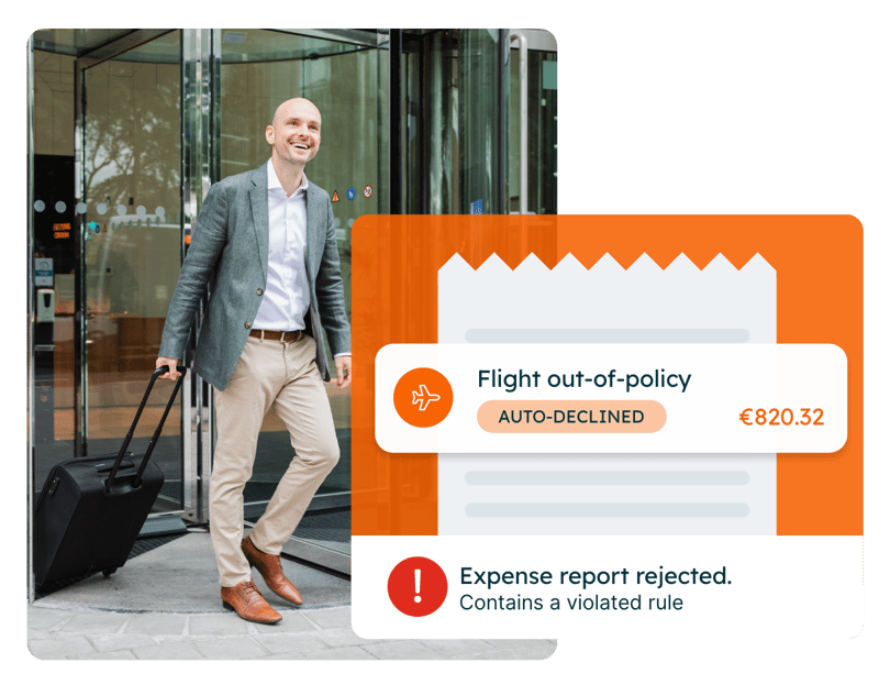 travel expense management. Text on image: Flight out-of-policy, Auto-declined 