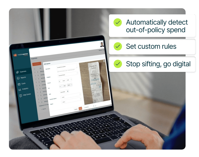 spend management system. Text on image: Automatically detect out-of-policy spend