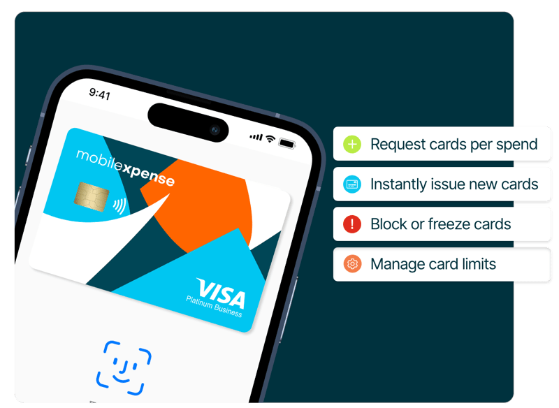 Business credit cards. Text on image: Request cards per spend, Instantly issue new cards