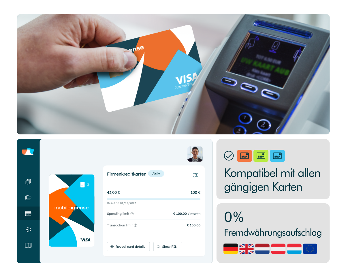 Mobilexpense Firmenkreditkarte im Einsatz mit kontaktloser Zahlung, und 0 % Fremdwährungsaufschlag in Europa