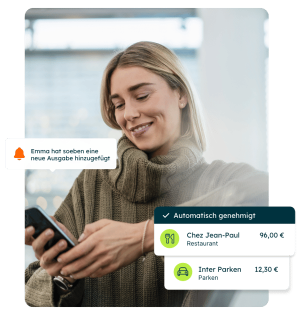 Eine Frau gibt eine Ausgabe in Ausgabenmanagement-App ein