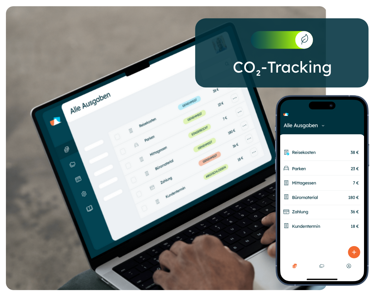 CO₂-Tracking im Ausgabenmanagement mit Declaree: Laptop- und Smartphone-Ansicht der Software für transparente Emissionsdaten.