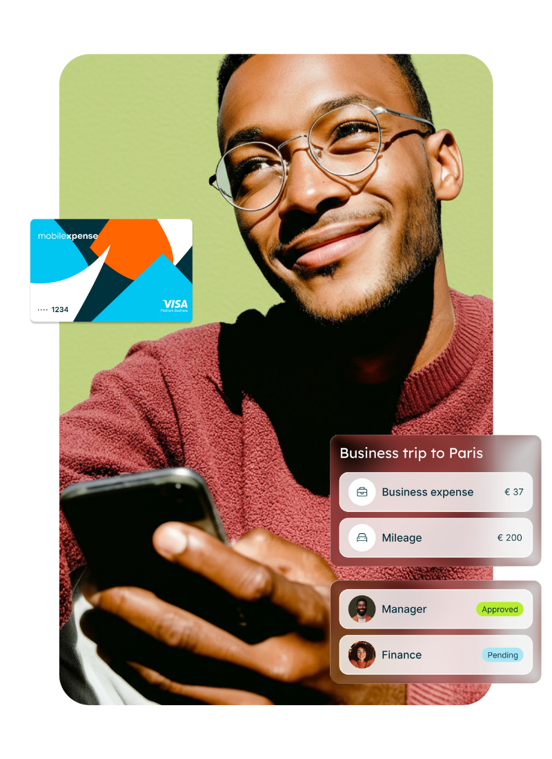 Male professional looking at his phone while reviewing financial information with a mobilexpense credit card in the top right