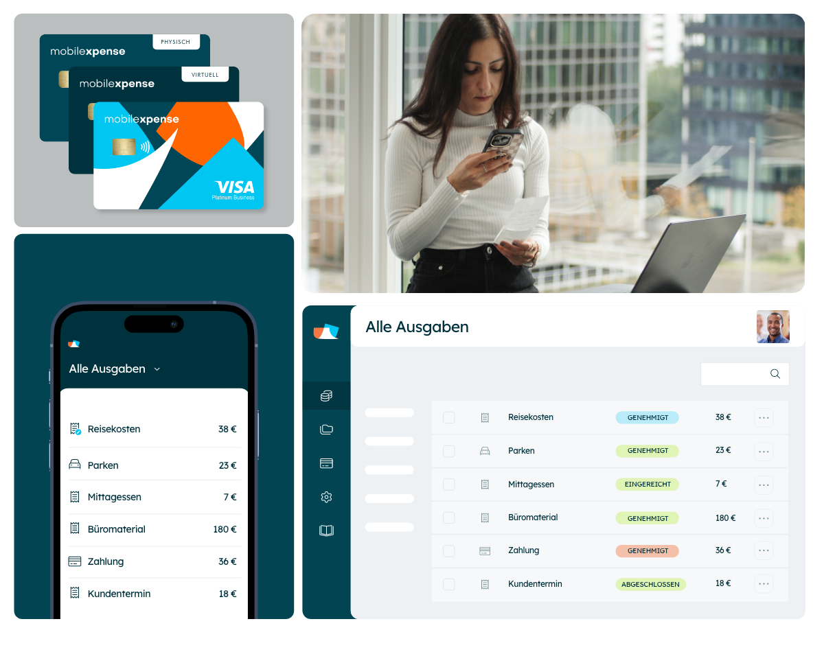 Nutzerin verwaltet Ausgaben mit der Ausgabenmanagement-App von Mobilexpense; Firmenkarten und Interface auf Smartphone und Desktop sichtbar
