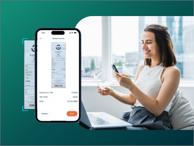 Happy user on mobile phone using the new Declaree mobile app to scan a receipt.