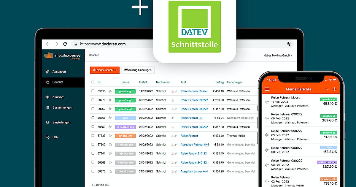 Screen showing Mobilexpense app and DATEV logo