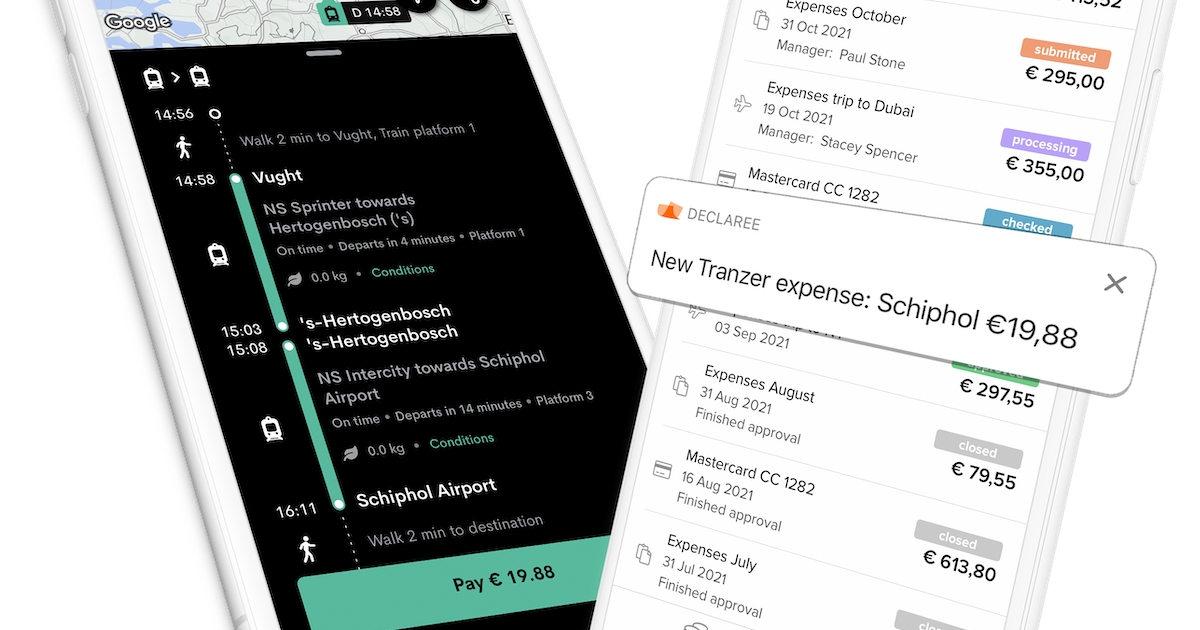 Mobile phones showing the Mobilexpense and Tranzer apps.