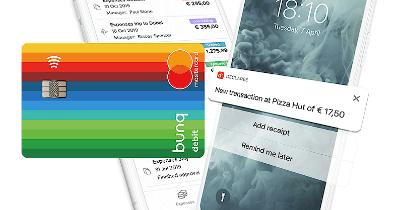 Mobilexpense mobile app shown with bunq corporate cards.